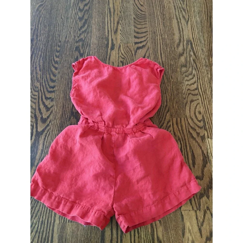Zara Kids Girls 100% Linen Red Romper Size 8 Pockets‎ Summer Beach Adjustable